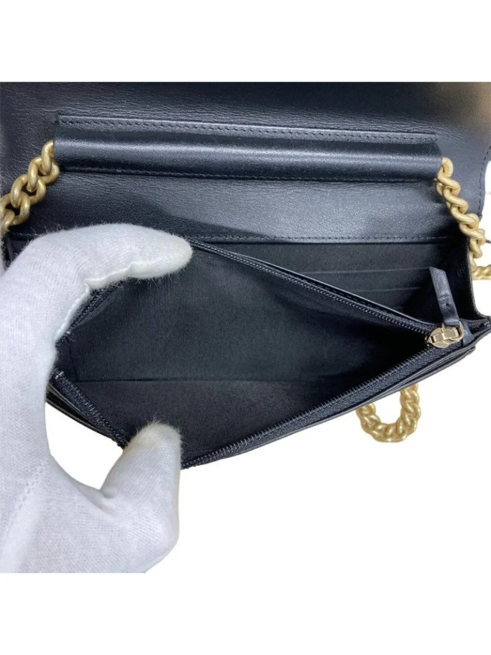 Chanel CC Logo Boy Chain Wallet Shoulder Bag Black Gold Caviar Leather